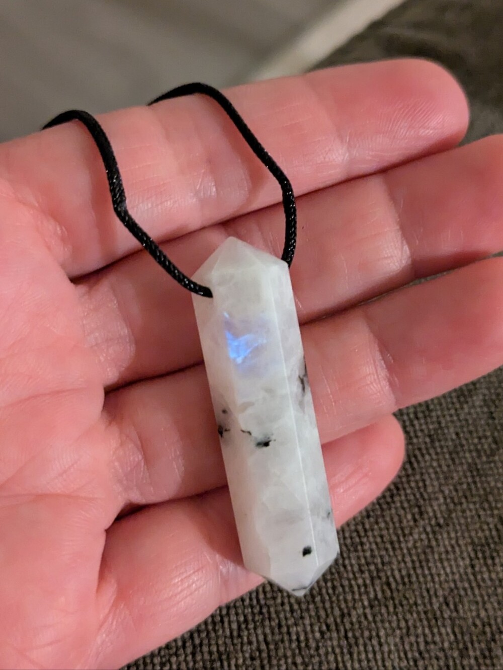 Rainbow Moonstone With Black Tourmaline Point Pendant Necklace